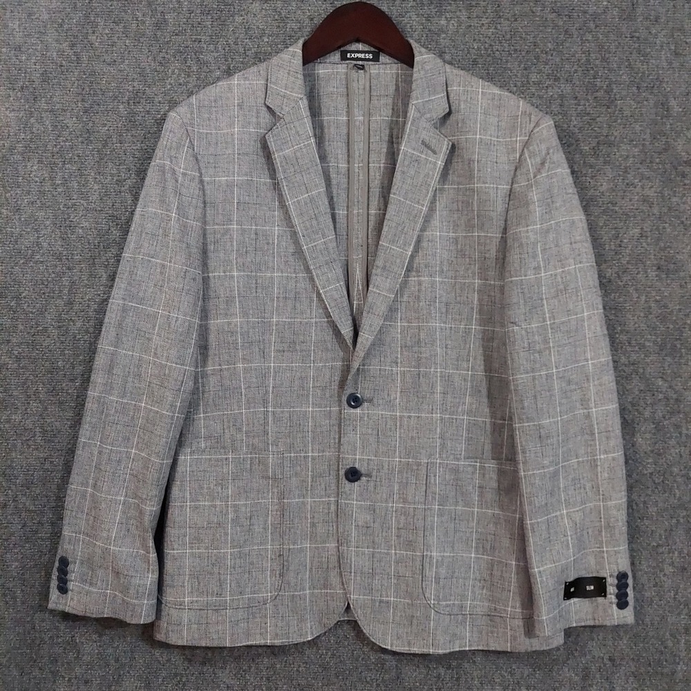 Express Blazer Men 40S Grey Windowpane Cotton Linen Slim Fit Jacket 00435299